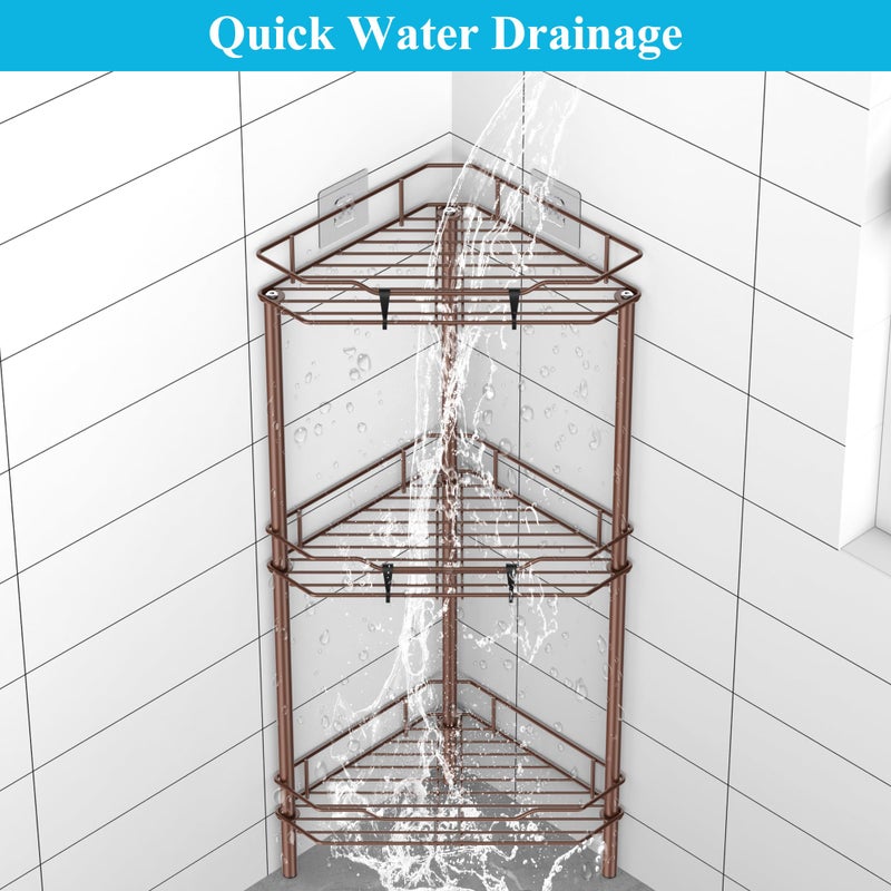 HuggieGems 3 Tier Floor Standing Corner Shower Caddy Organizer Shelf with Hooks, Bathroom Shelves Stand Rack, Coffee - Image 5